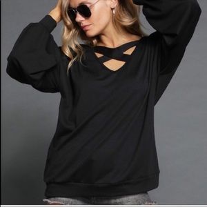 Black French Terry V Neck Blouse